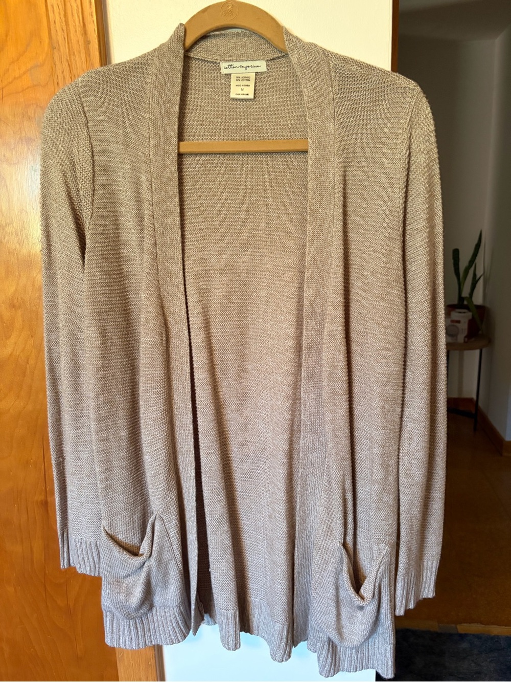 Cotton Emporium Open-Front Taupe-Beige Cardigan